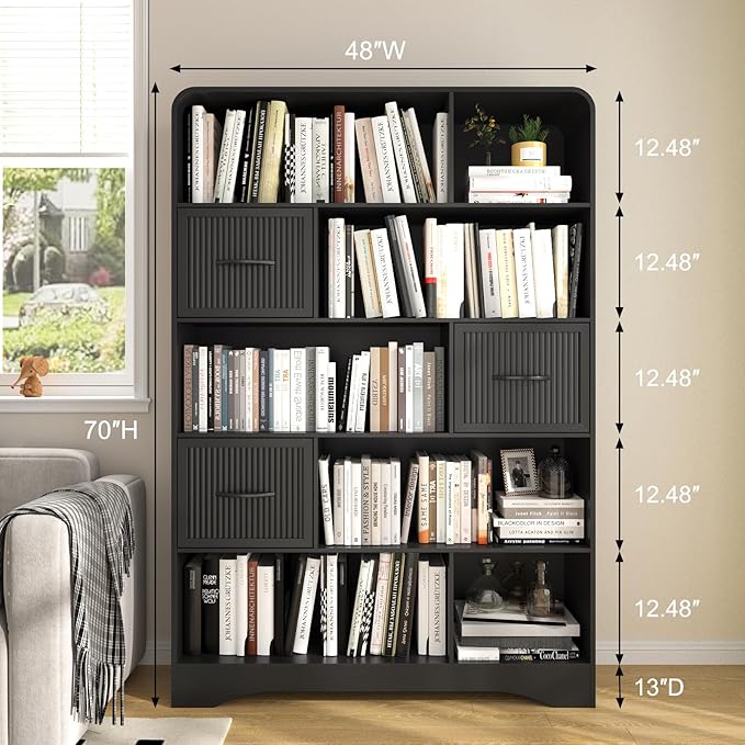 70" Tall Book Shelf and Bookcase, Tall Bookshelf with Storage, 48" Wide Modern Bookcase with Drawers Adjustable 3 Bins Storage, Large Bookshelf Wood 13" Deep Display Shelves for Living Room, Black