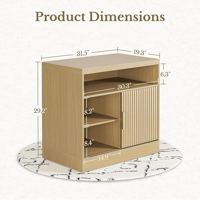 Fluted File Cabinet with Door, 32'' Lateral File Cabinet with Open Adjustable Shelves, Wood Filing Cabinet with Sliding Door for Home Office, Light Walnut