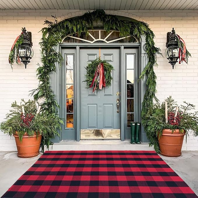 Red and Black Plaid Rug, 4' x 6' Check Outdoor Front Door Decorative Mat, Cotton Woven Rug for Layered Door Mats Washable Carpet for Porch, Entryway, Farmhouse, Christmas, Halloween