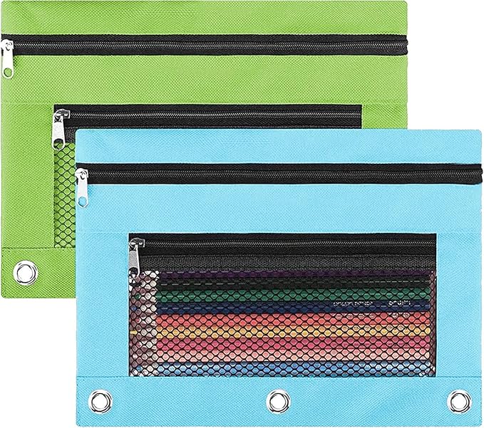 Pencil Pouch, 3 Ring Binder Pencil Bag with Large Capacity, Zipper Pulls Double Pockets Pencil Case with 3 Binder Hole and Mesh Window (Light Blue and Green)