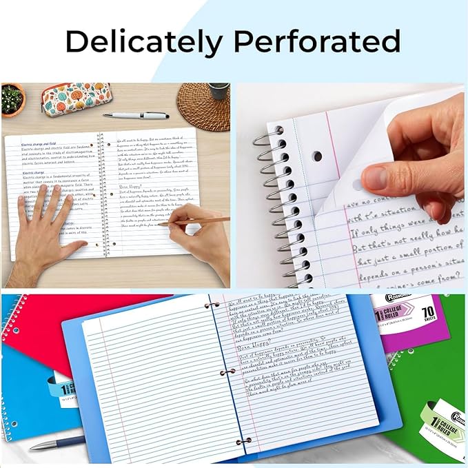 Spiral Notebook, 12 Pack, 1 Subject, College Ruled, 70 Sheets, 8 x 10-1/2", 3 Hole Punched, Bulk College Ruled Spiral Notebook for School, Single Subject Spiral Notebook Bulk, Assorted Colors