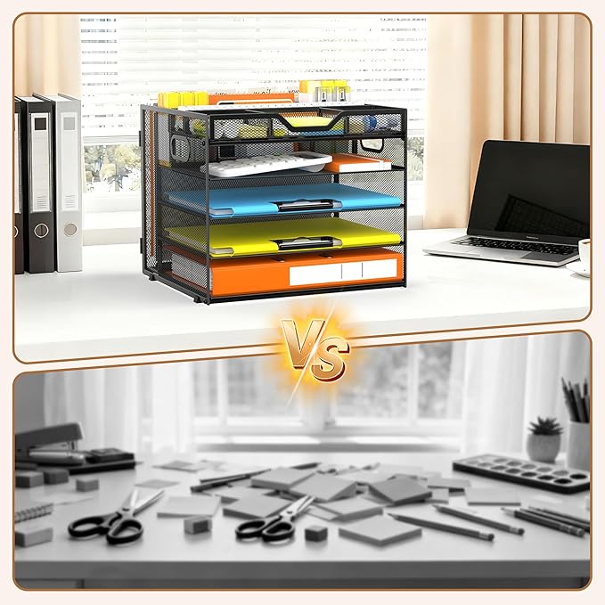 Docnest 5 Tier Letter Tray with Hanging File Organizer-Mesh Desk Organizer-Desktop Storage Box Built in Pen Holder and Handles, File Folder Holder for Mail Documents Office Supplies-Black