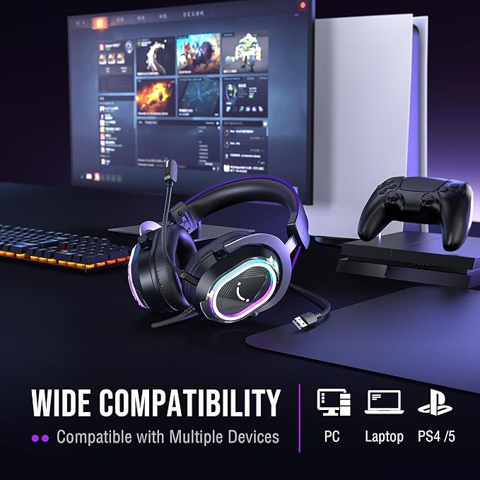 FIFINE Wired USB Gaming Headset: 7.1 Surround Sound - Vibrant Customizable RGB - Game/Chat Balance, Gamer Headphone with Noise Canceling Mic for PC, PS5/PS4, Laptop, Mac - AmpliGame H13BP