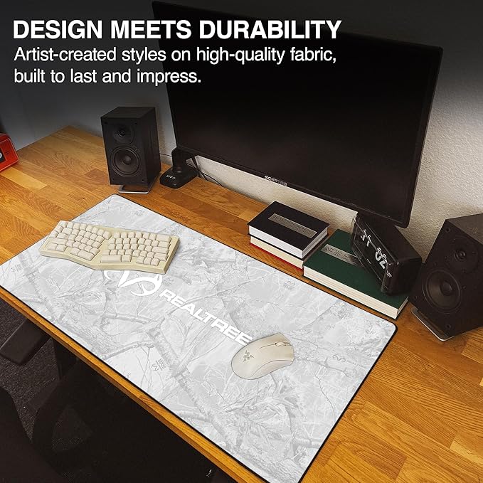 MPCO. Real Tree Large Gaming Desk Pad - 36" x 17" Duraglyde Fabric Edge Snow White – with Logo Desk Mats - Non-Slip, Washable, Smooth Glide for Precision Gaming & Work