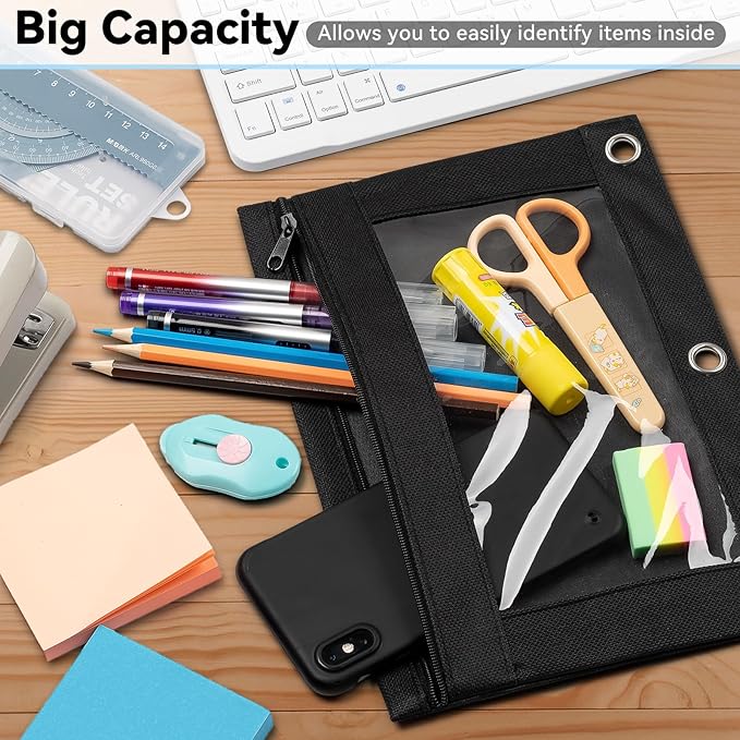 V-Opitos Pencil Pouch for 3 Ring Binder, 2 Pack Sky Blue 3-Holes Zipper Pencil Pouches, Sturdy and Durable Cloth Pencil Case with Clear Window for Office School College Supplies