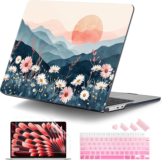 DONGKE Compatible with M4 MacBook Air 15 inch Case 2025 2024 2023 A3241 A3114 A2941 M3 M2 Liquid Retina Display Touch ID, Plastic Hard Case & Keyboard Skin & Screen Protector - Sun & Daisie