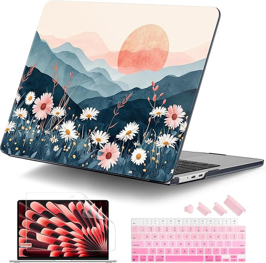 DONGKE Compatible with M4 MacBook Air 15 inch Case 2025 2024 2023 A3241 A3114 A2941 M3 M2 Liquid Retina Display Touch ID, Plastic Hard Case & Keyboard Skin & Screen Protector - Sun & Daisie