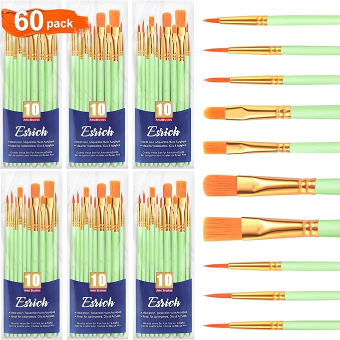ESRICH Paint Brushes Set,6 Packs 60 Pcs Acrylic Paint Brush Set,Acrylic Oil Watercolor, Face Nail Art, Miniature Detailing,Rock Painting,Painting Artist Professional Kits(Green)