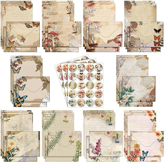 TaoBary 160 Pcs Stationery Paper Set 50 Double Sided Stationery Papers with 50 Matching Envelopes and 60 Round Dot Sticker, 10 Design(Nature Vintage Style,5.5 x 8.25 Inch)