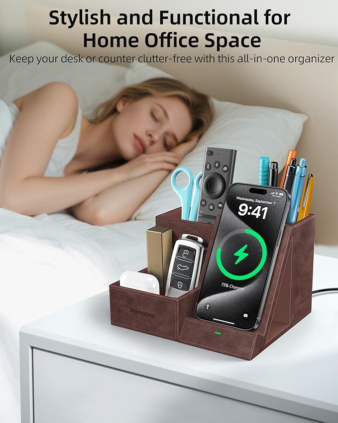Wireless Charger with Desk Organizer, Pen Pencil Holder, Multifunctional Desktop Organizer, Office Supplies and Desk Accessories Organizer with 3 Compartments and 1 Phone Stand, Dark Brown
