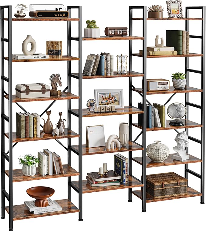 SUPERJARE Triple 6 Tier Bookshelf, Bookcase with 17 Open Display Shelves, Wide Book Shelf Book Case for Home & Office, Rustic Brown