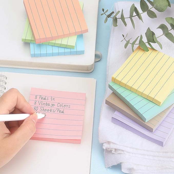 Lined Sticky Notes 3x3 Inch, 8 Pack, Light Colors, Premium Self-Adhesive Notepads, 640 Sheets, for Office, School & Home Use, Easy to Use, Reusable & Removable