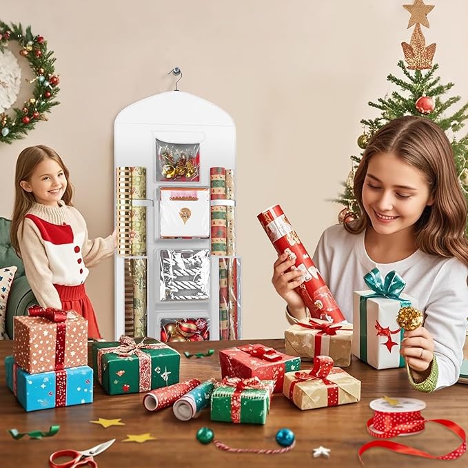 Hanging Gift Wrapping Paper Storage, 40"X17" White Double-Sided Christmas Wrapper Bag Container, Oxford Craft Roll Organizer, Present Wrap Holder for Bedroom Closet, Door, Cabinet