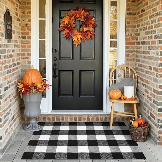 KIMODE Front Door Mat Buffalo Plaid Outdoor Rug 27.5"x43" Black and White Checkered Rug Farmhouse Front Porch Rug Decor Cotton Woven Washable Layered Christmas Door Mats Christmas Decorations