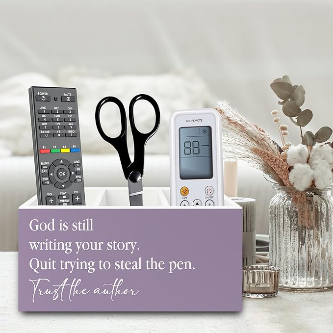 Purple Christian Pen Pencil Holder Organizer for Desk, Christian Gifts for Women, God Is Still Writing Your Story Bible Verse Wooden Box Sign for Home Office Desk Tabletop Decorations