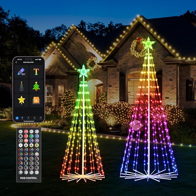 Smart Christmas Tree Lights with App & Remote Control, RGB Color Changing LED Cone Tree Lights, Music Sync, Custom Light Show, Waterproof Outdoor Decoration for Xmas, New Year, Parties (Set 2：5FT+6FT)