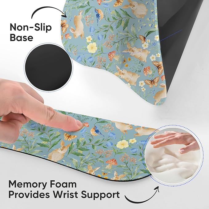 Mouse Pad Wrist Rest Support Keyboard Set Circle Coaster Gaming Mouse Pad Ergonomic Gel Memory Foam Set for Computer, Laptop, Office, Pain Relief, Comfortably Typing Rabbit KM-40