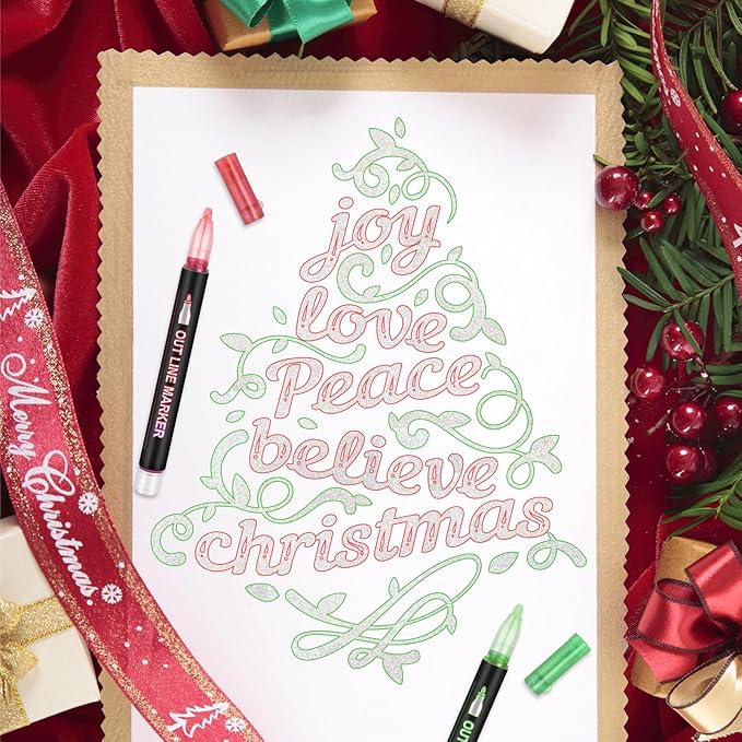 Shimmer Markers for Doodling Outline Pens – 24 Cool Marker Art Supplies for Girls Ages 8-12, Dazzling Metallic Glitter Outline Marker pens for Card Making Art Craft Super Squiggle Double Line Markers