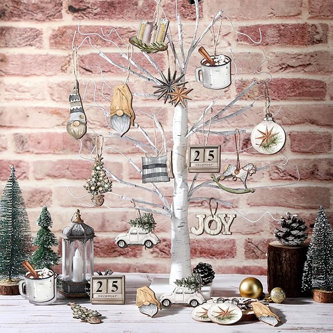 Huwena 36 Pcs Christmas Wooden Ornaments Farmhouse Rustic Christmas Decorations Snowman Balls Xmas Tree Truck Hot Cocoa Wood Cutouts Tags with Ropes Neutral Winter Decor for Xmas Tree Gifts