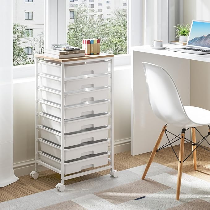 Storage Cart with 8 Drawers, Utility Cart with White Drawers and Wooden Tabletop, Craft Cart, Teacher Organization for Classroom,White