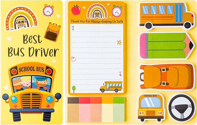 Xqumoi Best Bus Driver Sticky Notes Set - School Bus Pencil Shaped Self-Stick Note Pads Teacher Appreciation Thank You Gift Writing Memo Pad Page Marker Back to School Office Party Favors Supplies
