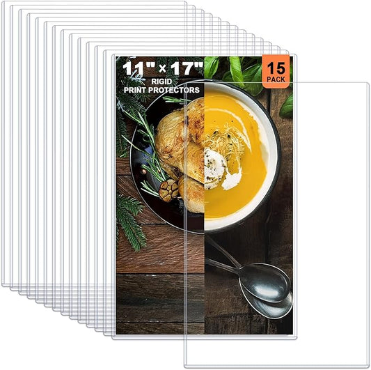Ndsox 15 Pack 11" x 17" Rigid Print Protectors - Heavy Duty Hard Plastic Sheet Page Protectors - Crystal-Clear Menu Holders - Top Loading Art Prints Sleeves for Documents Magazines Posters Photographs