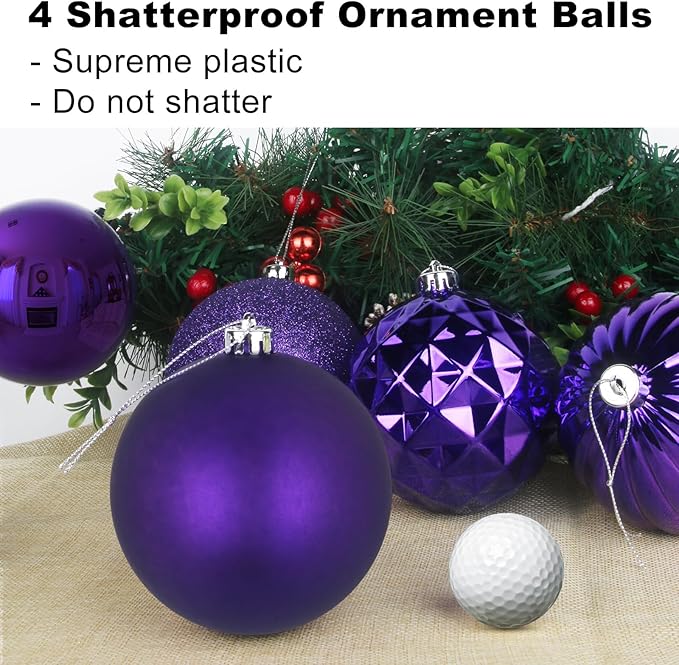 Purple 4.0" Large Christmas Balls - Christmas Tree Decoration Ornaments Shatterproof Hanging Balls for Birthday Halloween Holiday Wedding Decorations Set of 4pcs