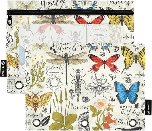 ZAZYXTJ Butterfly Moth Dragonfly Binder Pencil Pouchs 3 Ring with Zipper Clear Window Office Organizers bag for School Students Teacher Supplies 2 Pack