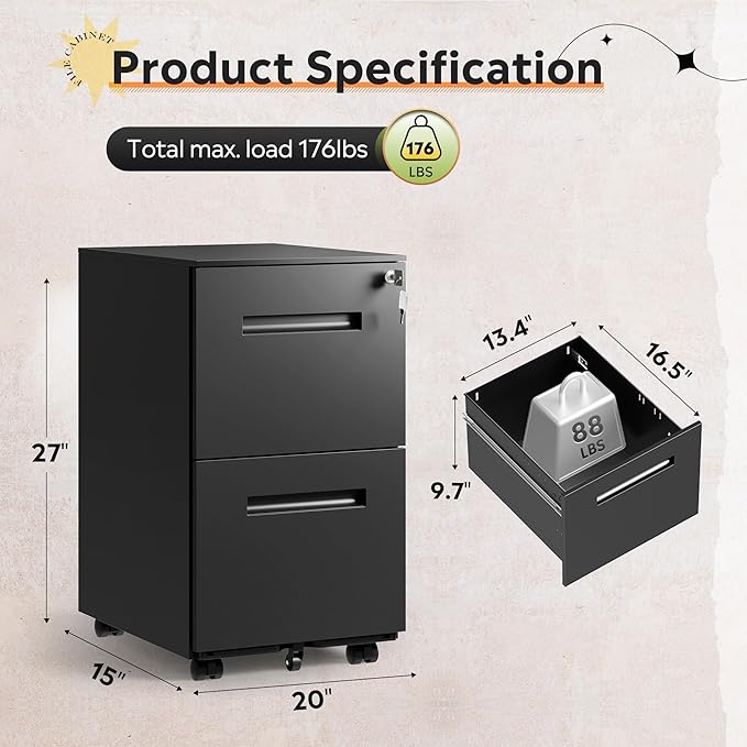 DEVAISE 2-Drawer Metal File Cabinet with Lock, Mobile Filing Cabinet Under Desk for Home Office, Fully Assembled Printer Stand fits F4/A4/Letter/Legal Size, Black, 20" D x 15" W x 27" H
