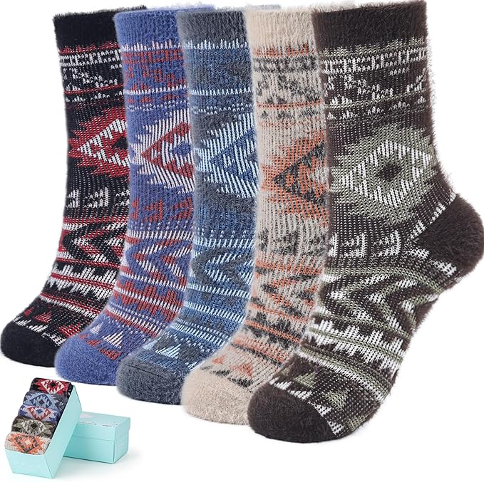 ICEIVY 5 Pair Fuzzy Cozy Socks for Women - Warm Comfy Soft Casual Home Sleep Winter Wool Socks - Gifts for Women