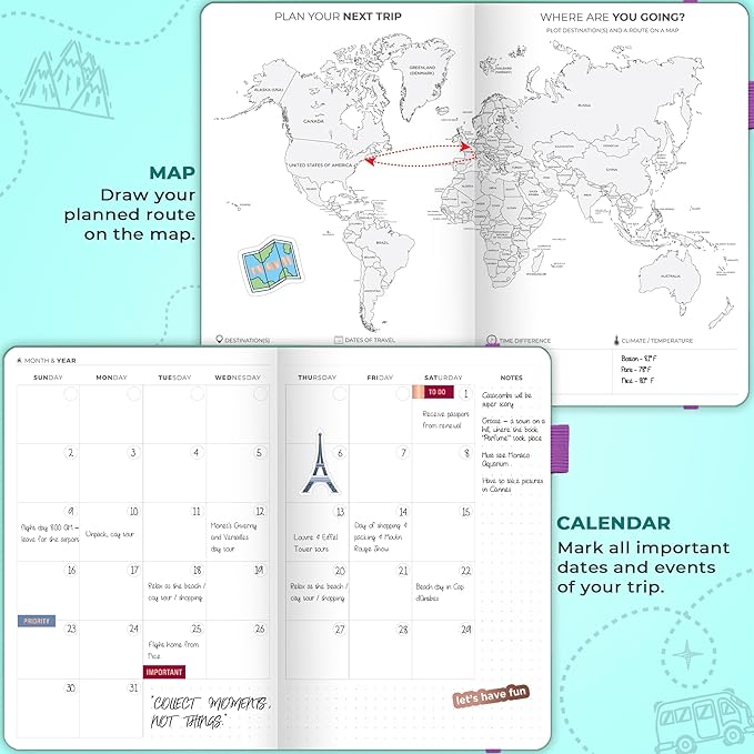 Clever Fox Travel Journal – Vacation & Trip Organizer with Budget Plan, Packing List, Travelling Expense Tracker, A5 (Turquoise)