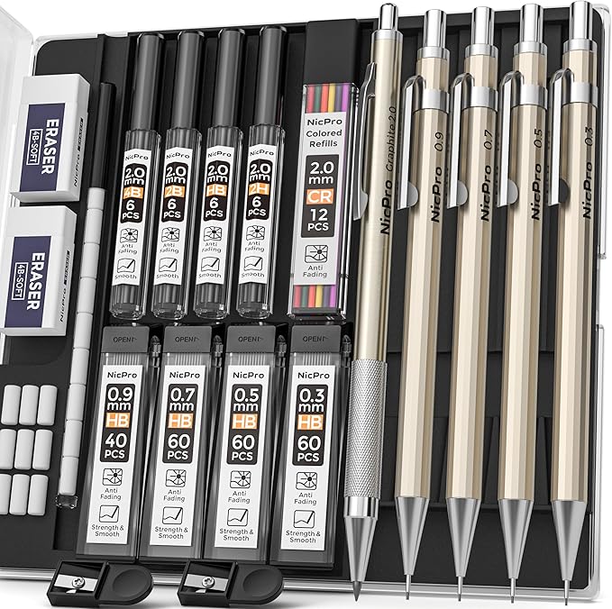 Nicpro 5 PCS Art Mechanical Pencils Set, Metal Drafting Pencil 0.3 & 0.5 & 0.7 & 0.9 & 2mm Graphite Lead Holder(4B 2B HB 2H Colored) for Sketching Drawing With Lead Refills Eraser Case
