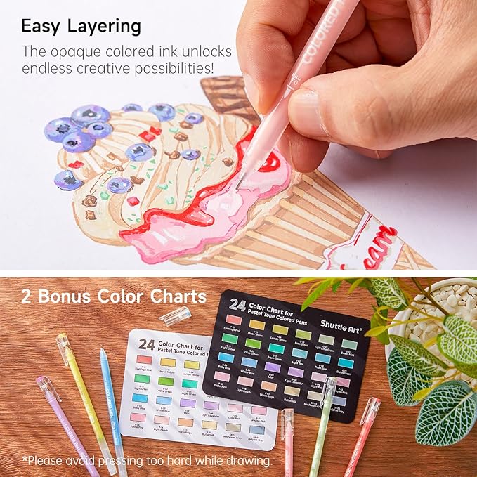 Shuttle Art Colored Pens, 24 Pastel Tone Colors Cute Journal Pens 0.6mm Fine Point Colored Gel Pens for Black Paper Adult Coloring Writing Drawing Journaling Note Taking School Office Home