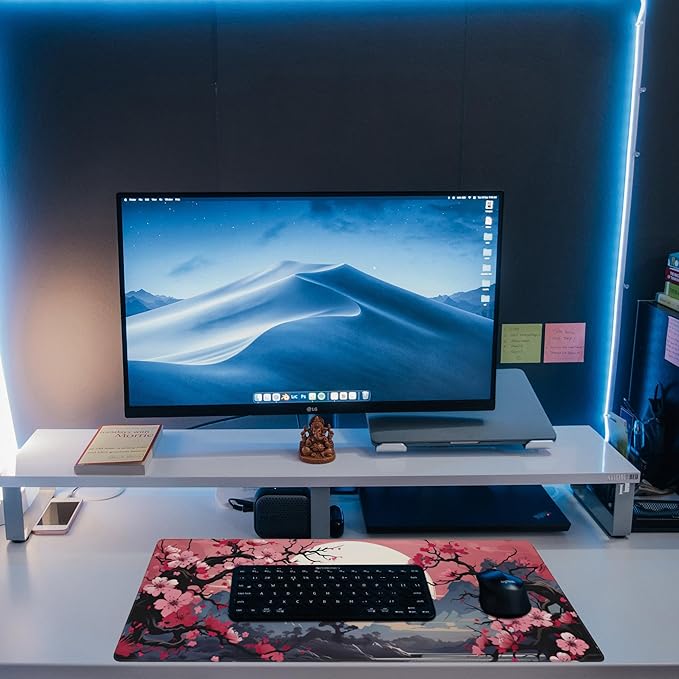 Pink Cherry Blossom Tree Desk Pad, Mountains and Sun Large Gaming Mouse Mat, Extended Big Computer Keyboard Pad With Non-Slip Base and Stitched Edge, 31.5"x11.8"