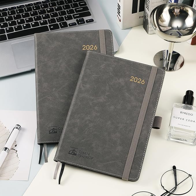 2026 Planner - Planner 2026, 2026 Weekly Monthly Planner, Jan.2026 - Dec.2026, 5.7'' x 8.4'', Thick Paper, Leather Cover, Pen Holder, Back Pocket, Bookmarks, Perfect Daily Organizer - Brown - Grey