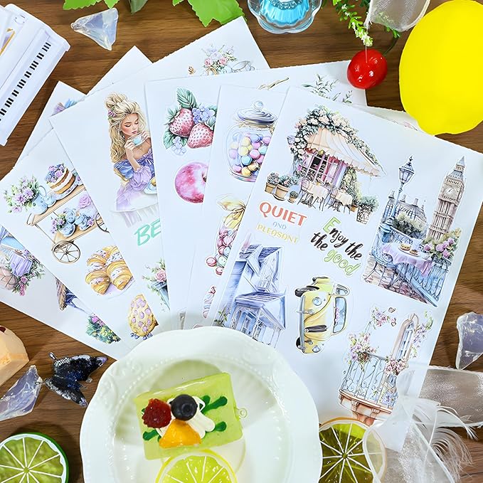 Snycler Taste The Dessert Theme Sticker Scrapbooking Supplies for Junk Journal, 20 Sheets PET Stickers - Vintage Journaling Stickers, Ephemera Sticker Book Pre Cut, Planner, Junk Journal Supplies