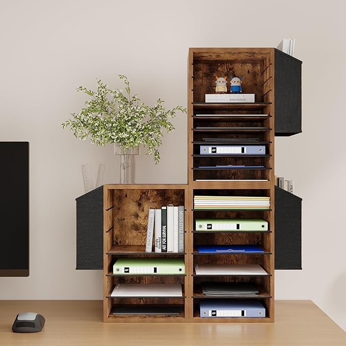 Office Mail Sorter, Wooden Paper Organizer with Storage Bag, 10 Tier Adjustable Classroom Mailbox, Removable Classroom Organization, Teacher Desk Organization for Office, Study, Brown
