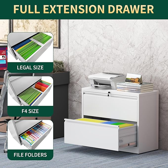 2 Drawer Lateral File Cabinet with Lock, Metal File Cabinets for Home Office, Steel Heavy-Duty Filing Storage Cabinet for Letters/Legal/A4 (Require Assembly, White)