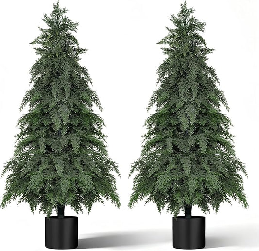 4FT Artificial Topiary Tree with Pot, 2 Pack Fake Evergreen Tree for Porch, Artificial Plants for Outdoor Christmas Home Garden Decor