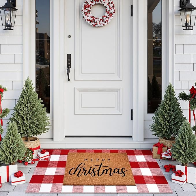 Christmas Front Door Mat 24"x51", Red/White Buffalo Plaid Outdoor Rug Runner, Cotton Hand Woven Washable Front Door Rug, Reversible Layered Rugs for Entryway Porch Decor Home Entrance