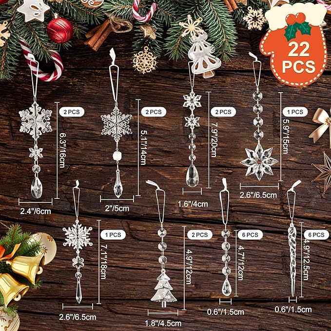 Lanpn 22pcs Christmas Ornaments Crystal Christmas Tree Decoration, Hanging Clear Acrylic Snowflake Icicle Drop Crystal Pendants for Xmas Tree Winter New Year Outdoor Indoor Party Decor (Transparent)