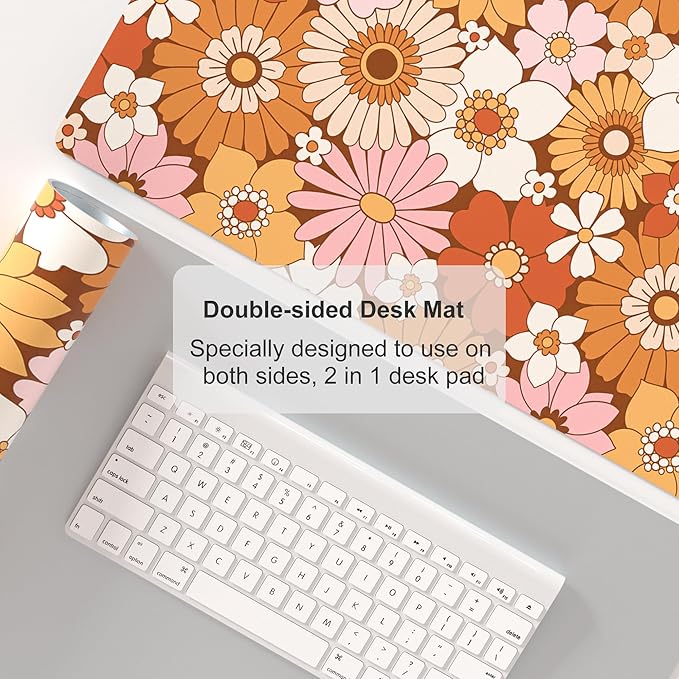 Colorful Star Large Mouse Pad, PU Leather Waterproof Desk Mat, Computer Gaming Mouse Pad, XXL Full Desk Mousepad Non Slip Desk Pad for School Office Home 31.5" x 15.7" - Retro Flowers