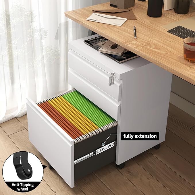Mobile File Cabinet for Home Office, Lockable 3 Drawer Filing Cabinet with Wheels for A4-Size/Letter-Size/Legal-Size, Fully Assembled Except Casters, White