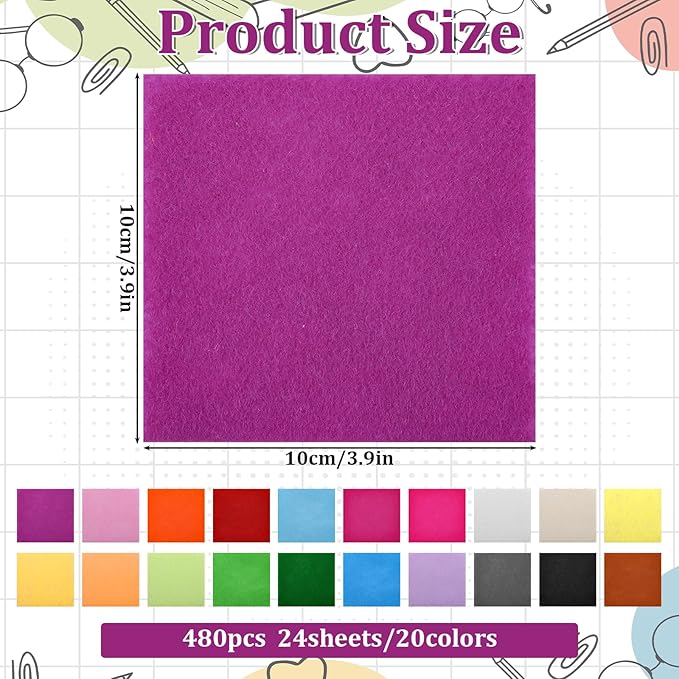 480 Pcs Felt Sheets Bulk, 4 x 4 Inch Square Soft Felt Fabric 1mm Thick Non-Woven Fabric for DIY Crafts, Sewing, Patchwork, Home Decoration, School DIY Projects (20 Colors)