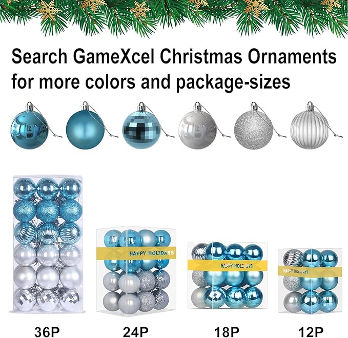 Baby Blue & Silver 2.5" Christmas Balls Christmas Tree Decoration Ornaments Shatterproof Hanging Balls for Birthday Halloween Holiday Wedding Decorations Set of 24pcs