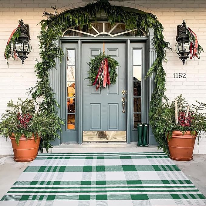 Christmas Plaid Outdoor Rug, 4' x 6' Green&White Checkered Indoor/Outdoor Area Rug, Layering Rug for Hello/Welcome Door Mat, Machine Washable Cotton Woven Rug for Farmhouse Front Porch, Entryway