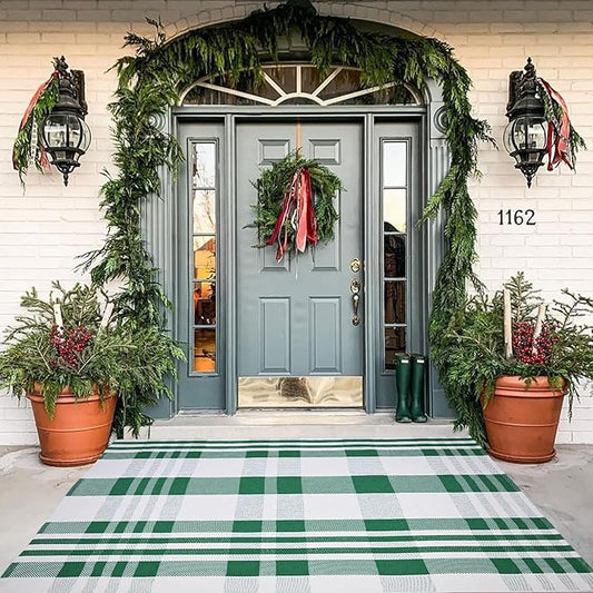 Christmas Plaid Outdoor Rug, 4' x 6' Green&White Checkered Indoor/Outdoor Area Rug, Layering Rug for Hello/Welcome Door Mat, Machine Washable Cotton Woven Rug for Farmhouse Front Porch, Entryway