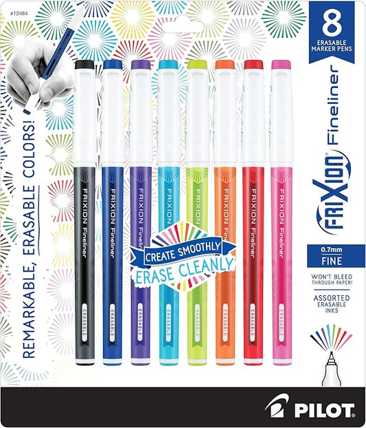 Pilot, FriXion Fineliner Erasable Marker Pens, Fine Point 0.7 mm, Pack of 6, Assorted Colors