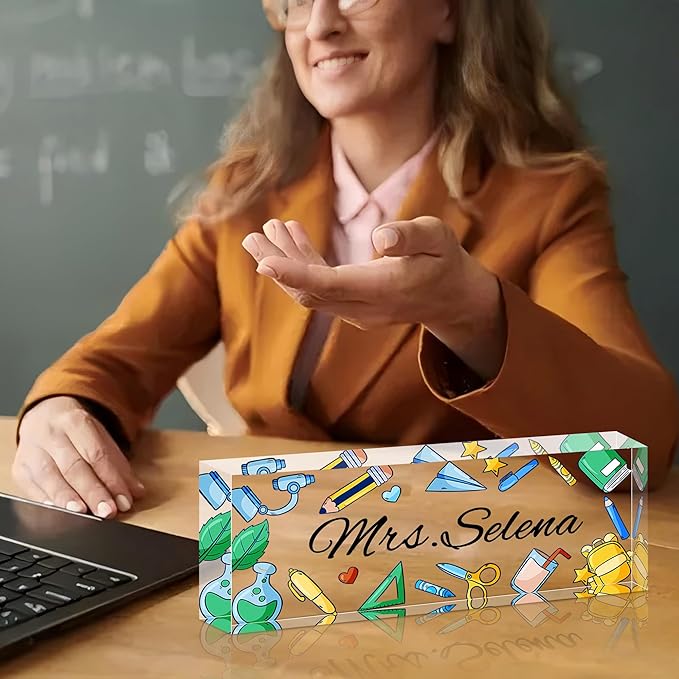 Ship Next Day Personalized Name Plate for Desk, Custom Acrylic Desk Name Sign, Office Appreciation Gifts for Women Men Coworkers Boss Teacher Employee (Teacher)