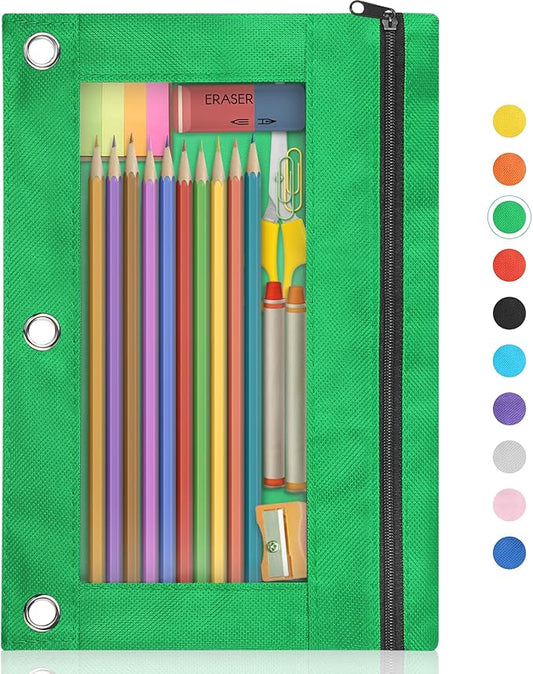 Shemira Pencil Pouch for 3 Ring Binder, Binder Pencil Pouch with Smooth Zipper, Clear Window Pencil Case for Binder, Zipper Pencil Pouches, Big Capacity 3 Ring Binder Pencil Bag, Green
